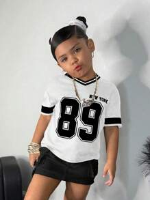 年轻女孩时尚街头风V领宽松针织短袖上衣，春夏季 - 白色 - 查看 1