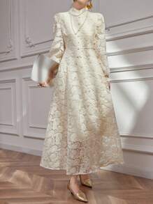 DAZY 女士优雅蕾丝泡泡袖立领中长连衣裙，春秋季长袖连衣裙 - 米色 - 查看 5
