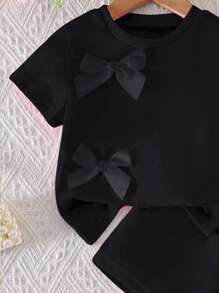 SHEIN Elladie kids 2件装少女粉色休闲时尚甜美日常圆领短袖T恤蝴蝶结装饰松紧腰短裤套装女童衣服女童蝴蝶结衣服女童套装两件套女童短款套装 - 黑色 - 查看 5