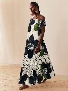 SHEIN Lady 女式花卉印花露肩荷叶边下摆连衣裙，度假风格 - 綠色 - 查看 3