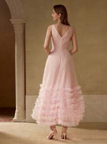 MOTF PREMIUM LACE MESH PANEL LAYERED RUFFLE HEM COCKTAIL DRESS - Baby Pink - View 3