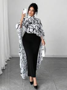 Elenzga 大码立领雪纺花卉荷叶边披肩上衣+针织吊带裙两件套，优雅派对女装，大码女装，正式女装，休闲女装套装，夏季女装套装，夏季服装 - 彩色 - 查看 5