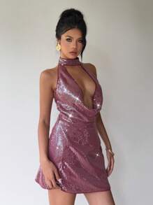 Aloruh Robe mini sexy femme à encolure plongeante sans manches, dos nu, avec découpes laser et détails brillants - Fushia - Voir 6