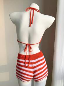 Comfortcana European Summer Beach Outfits American Flag Bikini 2pcs/Set Women Starfish Decoration Sleeveless Top And Striped Knit Shorts