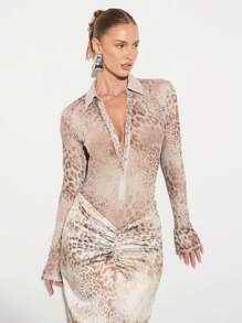 KIZN 长袖豹纹连体衣 修身领口纽扣职业办公室装 春秋冬时尚 - 棕色 - 查看 4