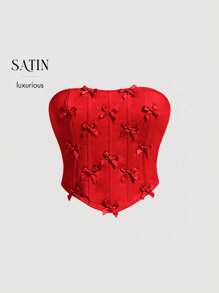 SHEIN MOD Cute Red Bow & Fish Bone Hem Design Plus Size Blouse For Women