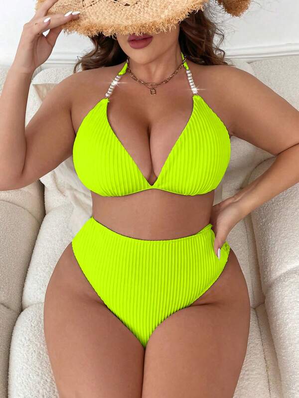 Swim Vcay Summer Beach Plus Size Solid Color Texture Halter Bra & Bikini Bottom Swimwear Set