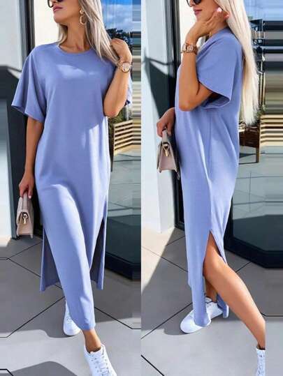 INAWLY Solva Women's Casual Solid Color Side Slit Dress, Summer