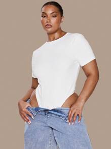 MUSERA Plus Size Fitted Stretchy Short Sleeve Bodysuit, Holiday, Elegant, Casual - White - View 1
