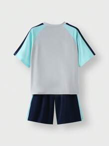 Back To School Outdoor Sports Loose Fit Short Sleeve Shorts Jersey Set, Tween Boy Clothes Children's Round Neck Patchwork Contrast Color Front Funny Letter Print Outdoor Sports Loose Fit Short Sleeve T-Shirt Jersey Set