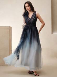 Anewsta Hochwertig modisch elegantes träumerisches Farbverlauf V-Ausschnitt Tüllkleid, Blumendekoration an den Schultern Damen Party Abendkleid - Blau - Übersicht 5