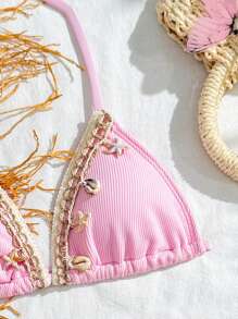 Tween Girls Shell Trim Halter Bikini Set, Suitable For Beach Vacation Summer Holiday - Pink - View 3