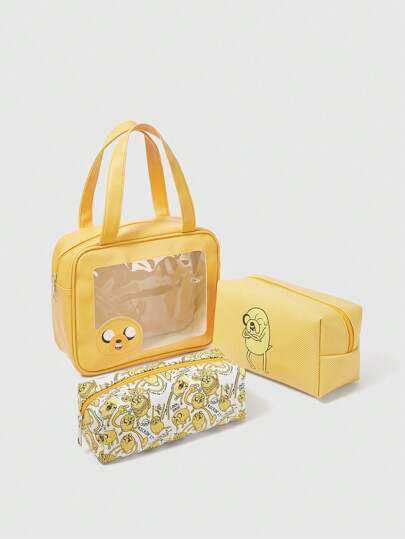 Adventure Time X ROMWE Cartoon Pattern Cute Yellow Handbag Fashion Portable Kawaii 3 Pieces Cosmetic Bag Set