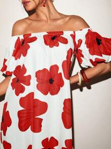 VALERIA GALIPOLI Floral Print Off Shoulder Puff Short Sleeves A Line Maxi Dress Summer Women Vacation Holiday - Multicolor - View 4