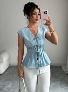 Selianne 女士优雅 V 领无袖分层蝴蝶结腰带 A 字型简约纯色背心，适合春夏季 - 藍色 - 查看 1