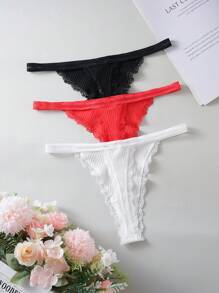 SHEIN Set de 3 piezas de tangas de encaje de mujer con lazo decorativo, de unicolor y sexy, en talla estándar