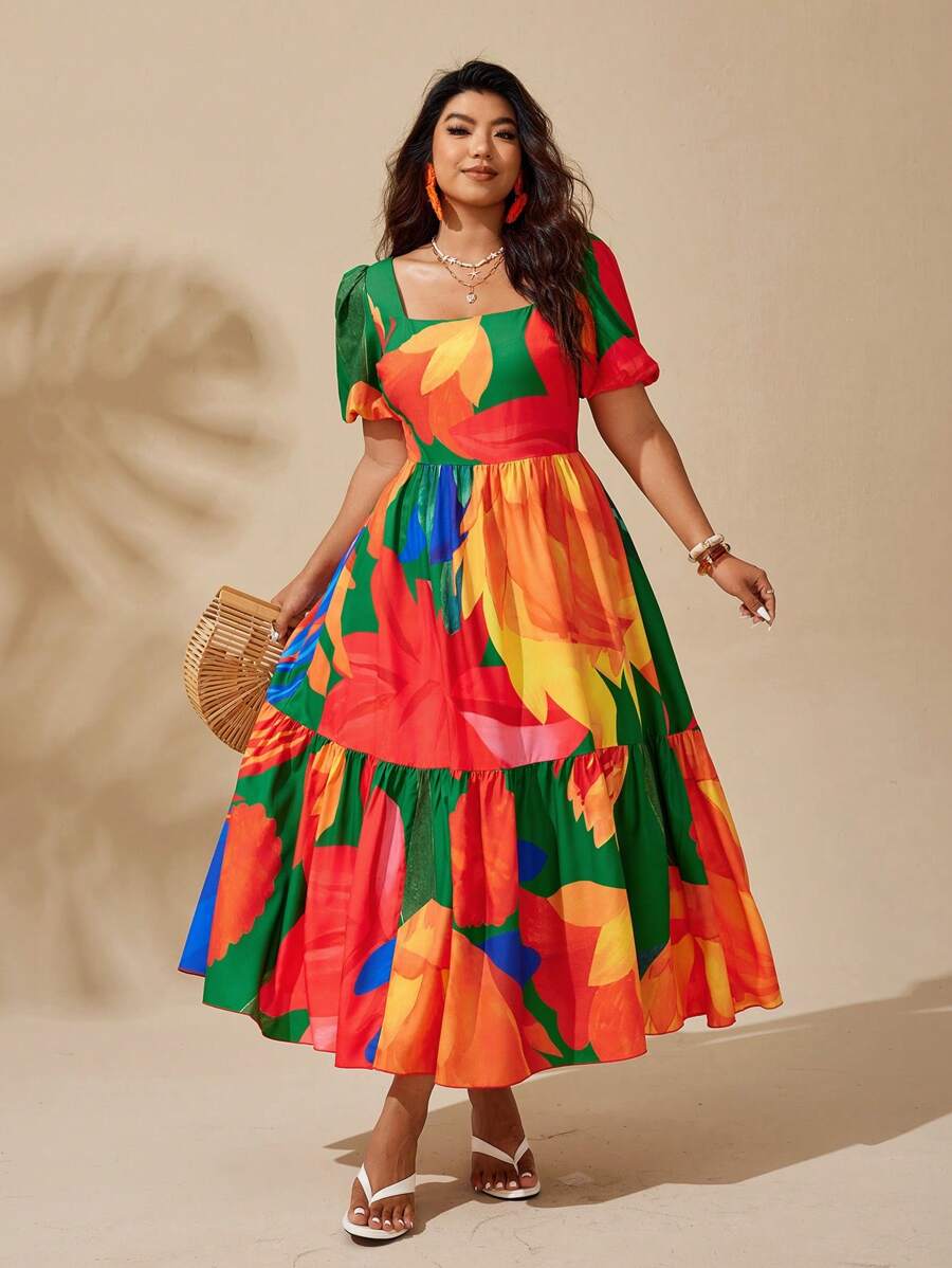 Sunserae 大码女式彩色印花泡泡袖方领高腰喇叭中长款太阳裙 - 彩色 - 查看 1