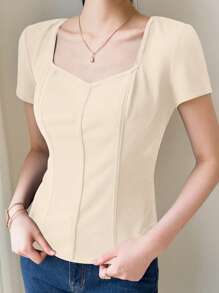 Feyla 女士短袖纯色T恤上衣，适合夏季的时尚 - 杏色 - 查看 3