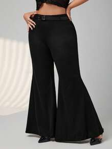 SHEIN ICON Damen Lässig Hose mit ausgestelltem Bein in Schwarz, Große Größen, vielseitig einsetzbar und figurbetont - Schwarz - Übersicht 5