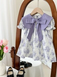 女婴优雅花卉印花撞色领蝴蝶结装饰宽松连衣裙 - 紫色 - 查看 4