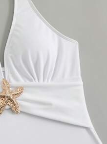 Swim Oasis 2pcs/Set New 2025 Women Solid Color Halter Swimsuit & Mesh Long Skirt Beach Resort Summer Swimsuit Outfit White - White - View 6