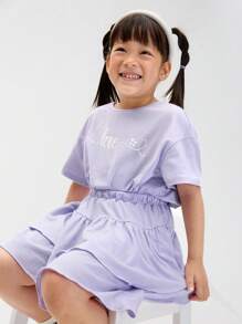 Leap Crew Leap Crew 2pcs Young Girl Casual Comfortable Round Neck Short Sleeve T-Shirt + Ruffled A-Line Skirt Set, Minimalist Style - Purple - View 3