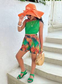 Conjunto informal de 2 piezas de niña preadolescente de unicolor con top sin mangas asimétrico y shorts de verano. Conjunto a juego de madre e hija (se venden por separado los 2 conjuntos)