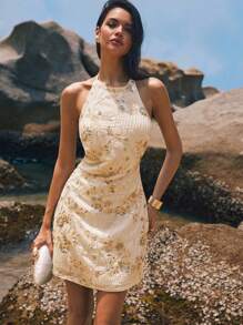 Poéselle Vestido mini de mujer con lentejuelas y estampado floral, cuello halter y espalda descubierta, amarillo pálido, elegante para verano, boda, vacaciones, cóctel y fiesta, estilo bohemio, ropa de playa - Albaricoque - Ver 1