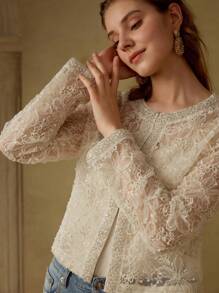 MOTF PREMIUM MESH BEADED FLORAL PATTERN SHEER LIGHTWEIGHT BLAZER - Champagne - View 1