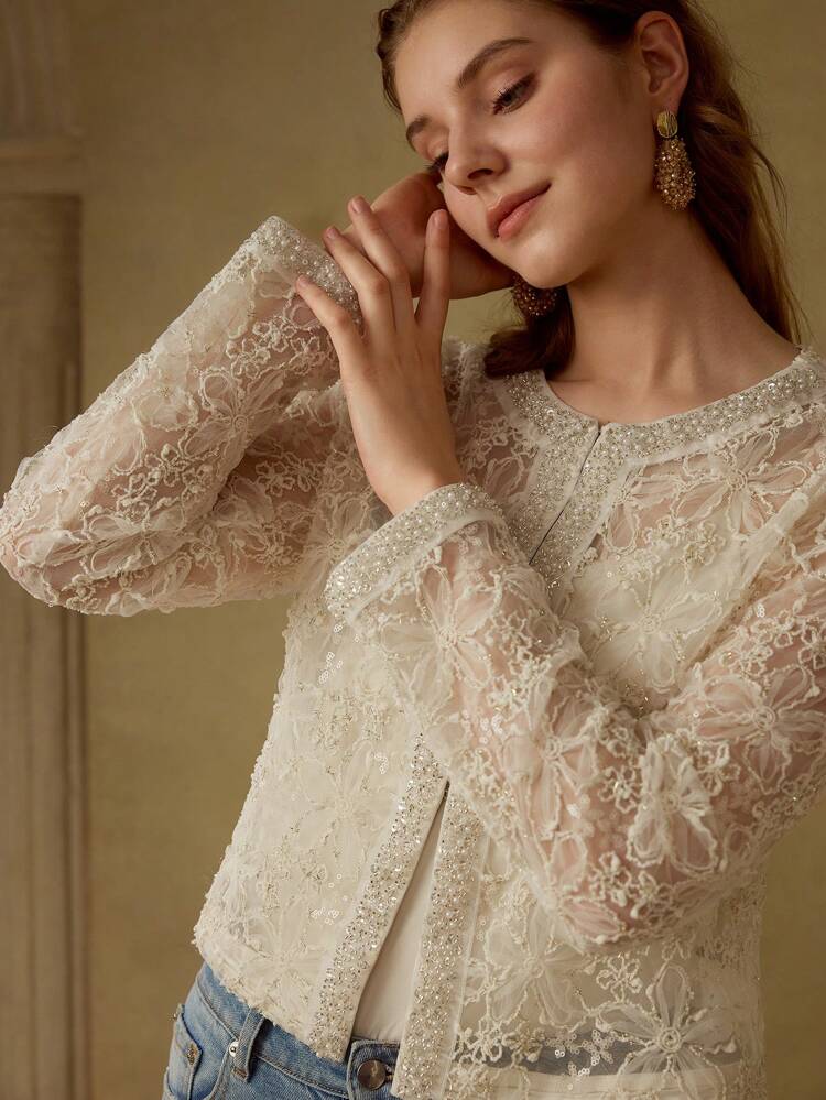 MESH BEADED FLORAL PATTERN SHEER LIGHTWEIGHT BLAZER
