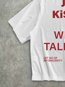 Manfinity EMRG 街头休闲红色标语印花白色针织短款图案T恤 - 白色 - 查看 3