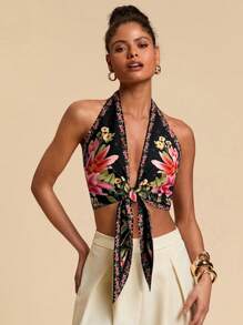 Travachic 女士露背印花性感时尚上衣，适合度假、夏季、秋季、新年等场合，休闲百搭。 - 黑色 - 查看 5