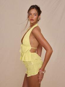 MUSERA 露背深V双系带长款无袖上衣，适合度假、可爱、优雅等各种场合，奶油黄配色，尽显假日牛仔风情，波西米亚风情，适合毕业典礼、婚礼、宾客、外出、夜店、节日、嘉年华等场合。 - 黃色 - 查看 2