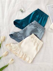 SHEIN 3pcs/Set Ruffled Hem Faux Silk Pajama Shorts - Multicolor - View 2