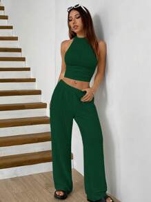 SHEIN EZwear 橄榄绿针织女式休闲修身套装 - 墨綠色 - 查看 3