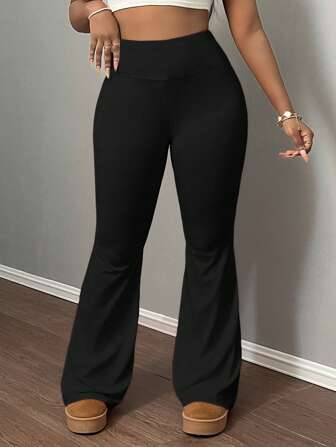 Slaydiva Plus storlek kvinnor hög midja enfärgade yogabyxor, hög midja elastiska byxor, slimmade fitnessleggings