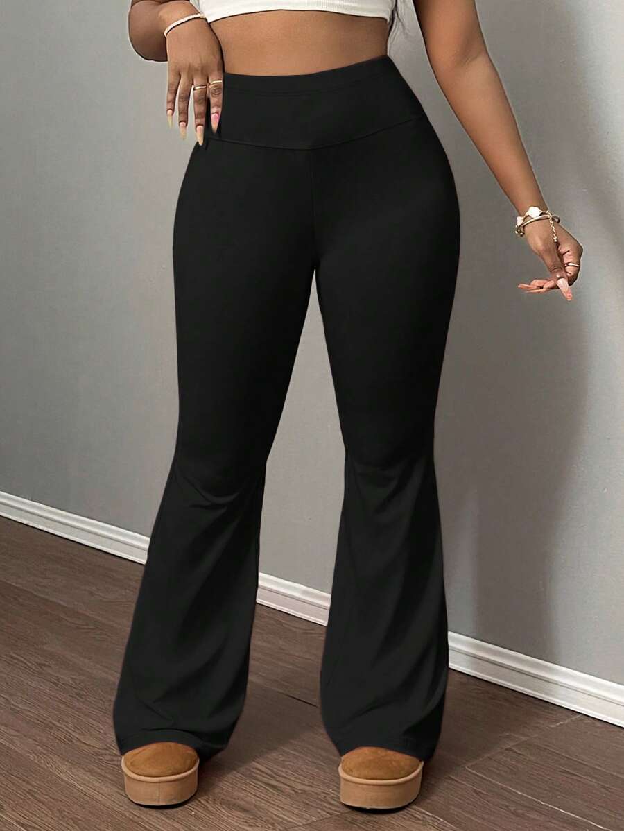 Slaydiva Plus Size Women High Waist Solid Color Yoga Pants, High Waist Elastic Pants, Slimming Fitness Leggings Suitable For Going Out - Black - View 1