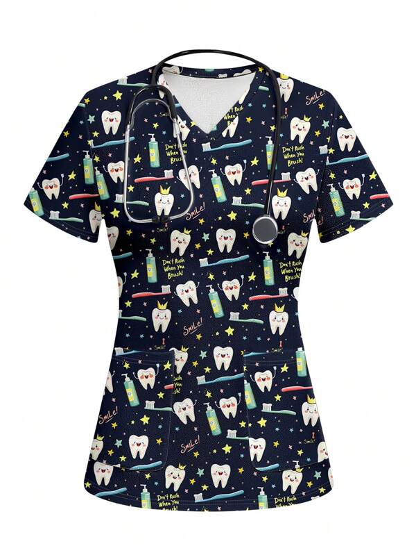 PopScrub Top pentru uniformă pentru îngrijire medicală pentru femei, cu model de desene animate pentru dinți și periuță de dinți, îngrijire dentară