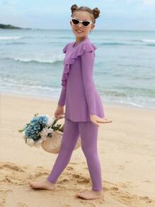 Conjunto de bikini modesto para niñas preadolescentes con manga larga y pantalón largo, con diseño vintage asimétrico y recorte con volantes