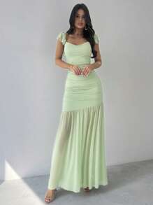 Firerie 女士优雅褶皱裹身绿色网眼紧身连衣裙，荷叶边下摆，适合派对、度假、音乐节、婚礼季、早午餐、圣帕特里克节、波西米亚风女式长裙、仙女风、度假装、毕业礼服、沙滩装、机场装 - 綠色 - 查看 8