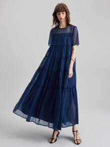 Ontre Váy dài nữ có chân váy vá bán trong suốt, váy lưới organza cổ tròn tay ngắn vá, váy quý cô thanh lịch, váy thường ngày, váy tinh tế, váy trang trọng, trang phục công sở nữ thường ngày, trang phục công sở, phong cách cổ điển kín đáo, thời trang sân bay đi làm chất lượng cao, chất liệu cao cấp - Màu xanh hải quân - Xem 4