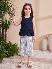 SHEIN Leap Crew Young Girl Woven Plain Round Neck Ruffle Trim Sleeveless Top And Loose Ditsy Floral Wide Leg Pants 2 Pieces Set - Royal Blue - View 4