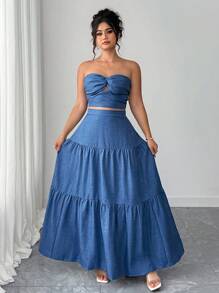 Elenzga Plus Size 2pcs Sets Elegant Blue Twist Bandeau Top And Ruffled Maxi Skirt, Vacation Style, Summer - Blue - View 3