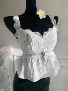 SHEIN EZwear 大码女式春夏蕾丝拼接单排扣休闲百搭日常上衣 - 白色 - 查看 1