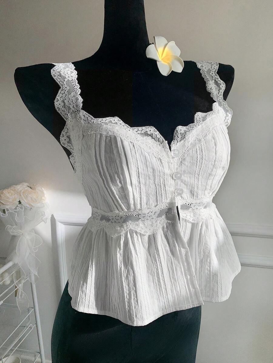 SHEIN EZwear 大码女式春夏蕾丝拼接单排扣休闲百搭日常上衣 - 白色 - 查看 1