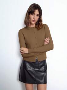 Maija Women's Mocha Brown Elegant Solid Color Round Neck Front Button Long Sleeve Simple Fashion Versatile Knit Sweater, Christmas Holiday Casual Outdoor Business Casual Wear In Fall/Winter