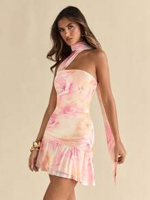 Vestido asimétrico con volantes sin tirantes de estampado floral de verano con cintas colgantes, vestido de fiesta elegante y corto para cumpleaños, boda - Amarillo - Ver 11