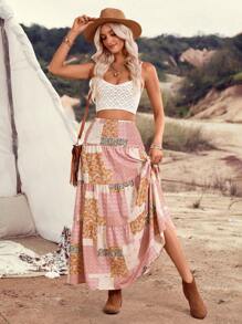 LanaWest 女式彩色印花设计褶皱腰喇叭形休闲假日风格裙子，夏季 - 彩色 - 查看 5