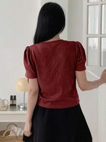 DAZY Women's Sweet & Casual Round Neck Short Sleeve Top, Summer T-Shirt - Burgundy - View 3