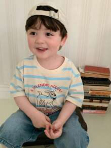 Hapijoa Toddler Boys' Casual Round Neck Loose Striped Short Sleeve Cartoon Print Tee - Blue - View 10